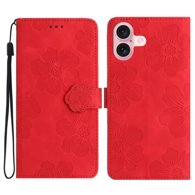 For iPhone 16 Plus Case Leather Phone Cover Card Holders Flower Imprinted - Red