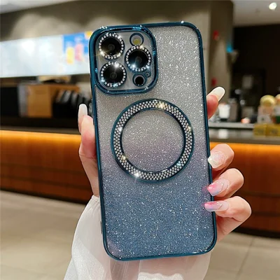 For iPhone 15 Pro Max Case Gradient Glitter TPU + PC Phone Cover Compatible with MagSafe Charging - Blue