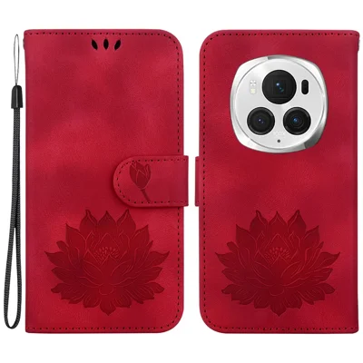 For Honor Magic6 Pro 5G Case Leather Lotus Phone Cover Wallet with Card Holder - Red