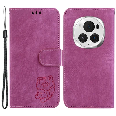 For Honor Magic6 Pro 5G Case Wallet Leather Phone Cover Cute Tiger Imprint - Rose