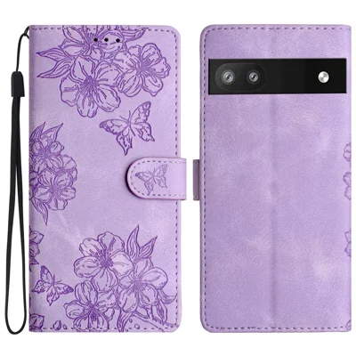 For Google Pixel 8a Case PU Leather Butterfly Flower Folio Card Slots Phone Cover - Purple