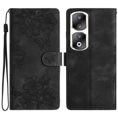 For Honor 90 Pro Case Butterfly Flower PU Leather Skin-Touch Phone Cover - Black