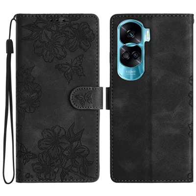 For Honor 90 Lite 5G / X50i 5G Case Butterfly Flower PU Leather Phone Cover Hand Strap Wallet Purse - Black