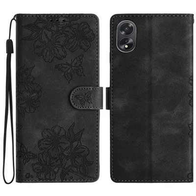For Oppo A58 5G / A78 5G Case Leather Shockproof Skin-Touch Phone Cover Butterfly Flower - Black