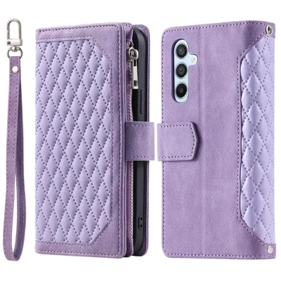 Style 005 For Samsung Galaxy S24 FE Mobile Phone Case Rhombus Stitching Line PU Leather Zipper Pocket Phone Cover - Purple