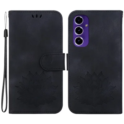 Futerał z syntetycznej skóry PU z podstawką do telefonu Samsung Galaxy S24 FE z nadrukiem lotosu, etui portfelowe - Czarny
