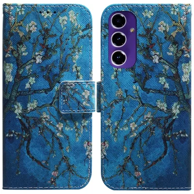 Futerał z podstawką i portfelem dla Samsung Galaxy S24 FE, wydruk kwiatów, skórzana obudowa - brzoskwiniowy kwiaty