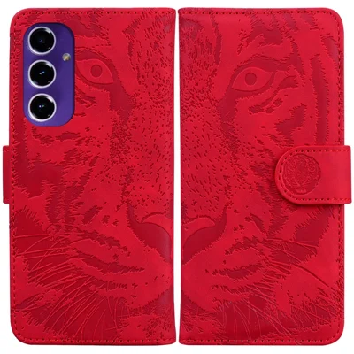 For Samsung Galaxy S24 FE Mobile Phone Stand Case PU Leather Wallet Phone Cover with Imprinted Tiger - Red