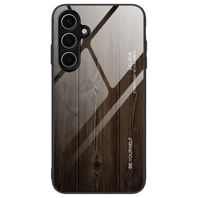 For Samsung Galaxy S24 FE Case TPU Frame Tempered Glass Back Phone Cover Wood Texture - Black
