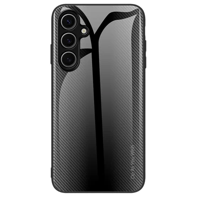 For Samsung Galaxy S24 FE Phone Case Tempered Glass+TPU Cover with Carbon Fiber Texture - Black