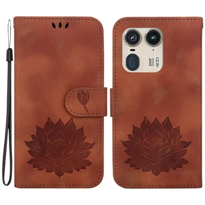 For Motorola Edge 50 Ultra 5G / Moto X50 Ultra 5G Wallet Phone Stand Case Imprinted Lotus Pattern PU Leather Phone Cover - Brown