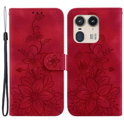 For Motorola Edge 50 Ultra 5G / Moto X50 Ultra 5G Phone Case PU Leather Wallet Cover Flower Imprinted - Red