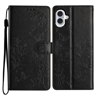 For iPhone 16 Plus Case Butterfly Flower Imprint Wallet Leather Phone Cover with Stand - Black
