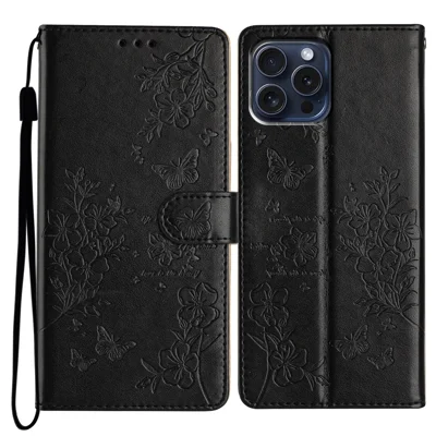 For iPhone 15 Pro Max Stand Case Butterfly Floral Imprint Leather Phone Cover with Wallet - Black