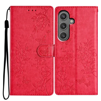 For Samsung Galaxy S23 FE Phone Case Butterfly Floral Imprint Leather Wallet Cover - Red