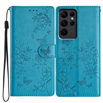 For Samsung Galaxy S23 Ultra Wallet Phone Case Butterfly Floral Imprint Leather Cover - Blue