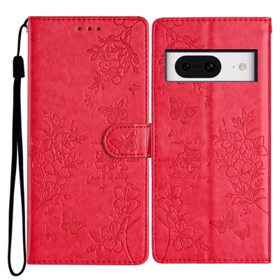 For Google Pixel 8 Protective Case Butterfly Floral Imprint Leather Wallet Phone Cover - Red