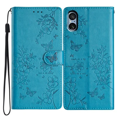 For Sony Xperia 5 V Case Butterfly Floral Imprint Leather Phone Cover with Wallet - Blue