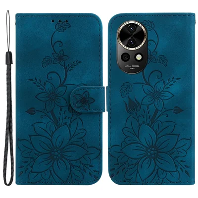 For Huawei nova 12 5G Wallet Case PU Leather Phone Cover Flower Imprinted - Dark Blue