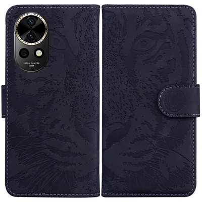 For Huawei nova 12 5G Case Anti-Fall Tiger Imprint PU Leather Phone Cover - Black