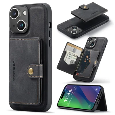 JEEHOOD J01 For iPhone 15 Plus Case Leather Back Cover Detachable Magnetic Card Holder - Black