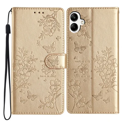 For Samsung Galaxy A05 4G Wallet Phone Case Butterfly Floral Imprint Leather Flip Cover - Gold