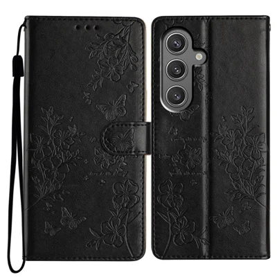 For Samsung Galaxy A55 5G Wallet Case Butterfly Floral Imprint Stand Leather Phone Cover - Black