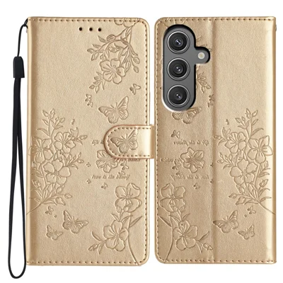 For Samsung Galaxy A55 5G Wallet Case Butterfly Floral Imprint Stand Leather Phone Cover - Gold
