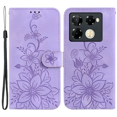 For Infinix Note 40 Pro 5G / Note 40 Pro+ Case Lily Flower PU Leather Stand Phone Cover - Purple