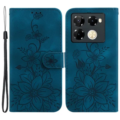 For Infinix Note 40 Pro 5G / Note 40 Pro+ Case Lily Flower PU Leather Stand Phone Cover - Dark Blue