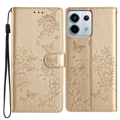For Xiaomi Redmi Note 13 Pro 5G / Poco X6 5G Case Butterfly Floral Imprint Leather Wallet Phone Cover - Gold