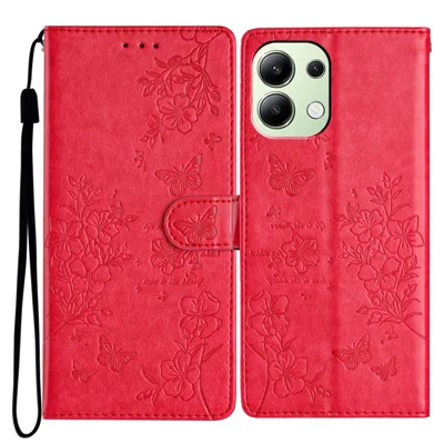 For Xiaomi Redmi Note 13 4G Leather Case Butterfly Floral Imprint Wallet Phone Shell - Red