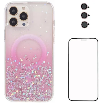 WANLONFENG JWT Series For iPhone 12 Pro Max Glitter Sequin TPU+Acrylic Magnetic Phone Case with Screen Film + Lens Film - Pink