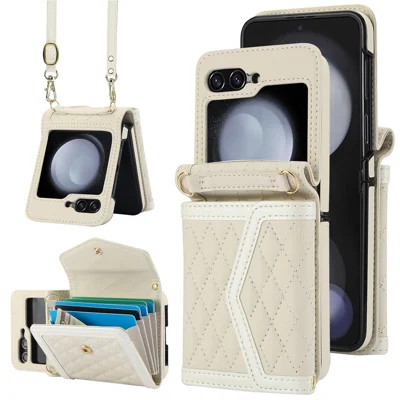For Samsung Galaxy Z Flip5 5G Crossbody Case Card Holders PU Leather+PC Phone Cover RFID Blocking - White