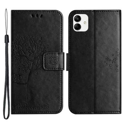 For Samsung Galaxy A04 4G (164.4 x 76.3 x 9.1 mm) / M13 5G Anti-fall PU Leather Phone Case Imprinted Owl Tree Pattern Flip Wallet Cover Stand - Black