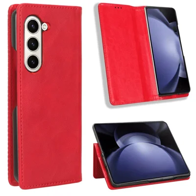 For Samsung Galaxy Z Fold6 5G Case PU Leather Retro Phone Stand Cover - Red