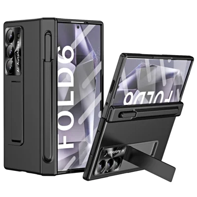 For Samsung Galaxy Z Fold6 5G Had PC Phone Case Kickstand Cover with Pen  /  Pen Slot - Black