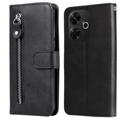 For Xiaomi Redmi 13x 4G / 13 5G / 13 4G / Redmi Note 13R 5G / Poco M6 4G Leather Phone Case with Zipper Pocket - Black