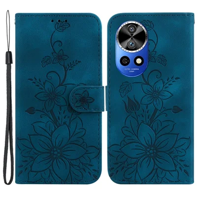 For Huawei nova 12 Pro 5G / 12 Ultra 5G Stand Case Lily Flower PU Leather Phone Cover - Dark Blue