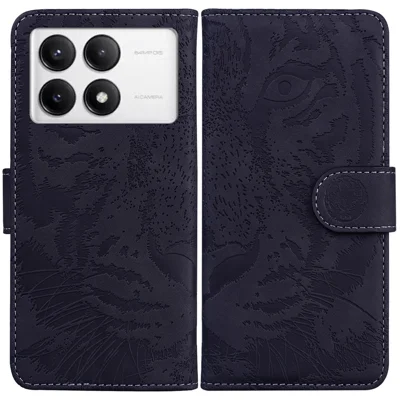 For Xiaomi Poco F6 Pro 5G / Redmi K70 5G / K70 Pro 5G Phone Case Tiger Imprint Stand Leather Cover - Black