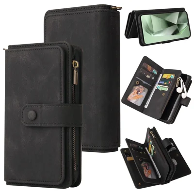 For Samsung Galaxy S24 FE Zipper Wallet Case with 15 Card Slots and Strap Leather Phone Cover - Black