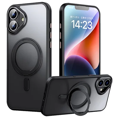 For iPhone 16 Plus Case Compatibel met MagSafe TPU+Acryl+Metaal Standaard Matte Telefoonhoes - Zwart