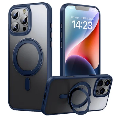 للهاتف iPhone 16 Pro غطاء متوافق مع MagSafe إطار TPU + أكريليك + معدن غطاء هاتف مطفي بحامل قابل للطي - أزرق داكن