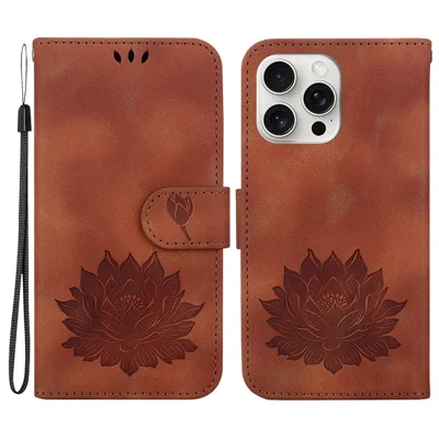 For iPhone 16 Pro Max Phone Case Lotus Imprint Leather Stand Wallet Cover - Brown