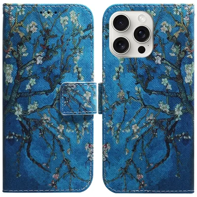For iPhone 16 Pro Max Wallet Case Pattern Print Leather Phone Cover - Apricot Flowers