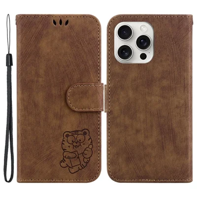 For iPhone 16 Pro Max Stand Case Cute Tiger Imprint Leather Wallet Phone Cover - Brown