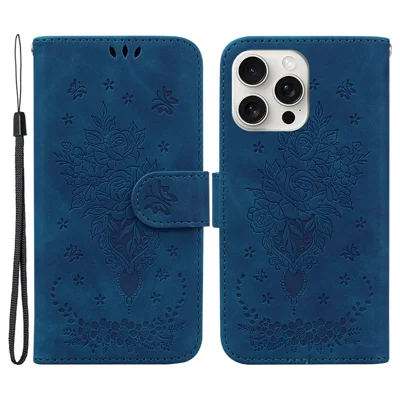 For iPhone 16 Pro Max Wallet Case PU Leather Phone Cover Butterfly Flower Imprint - Blue