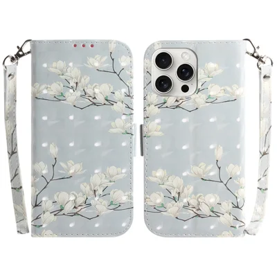 For iPhone 16 Pro Wallet Case 3D Pattern Print Leather Phone Cover - Magnolia