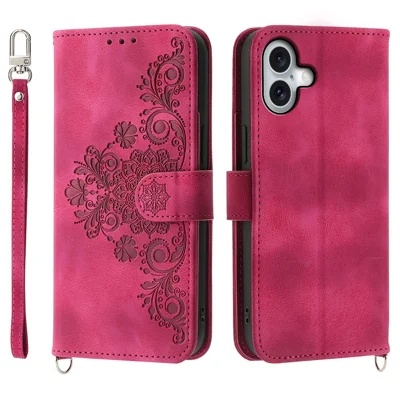 For iPhone 16 Plus Leather Case Multiple Card Slots Phone Cover with 2 Straps - Wine Red