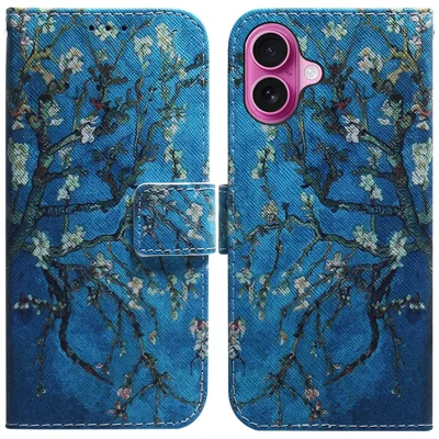For iPhone 16 Plus Wallet Case Pattern Print Leather Phone Cover - Apricot Flowers